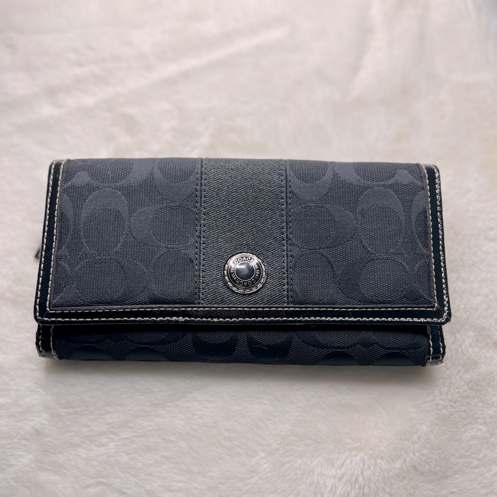 Coach signature fabric and leather black trifold wallet
